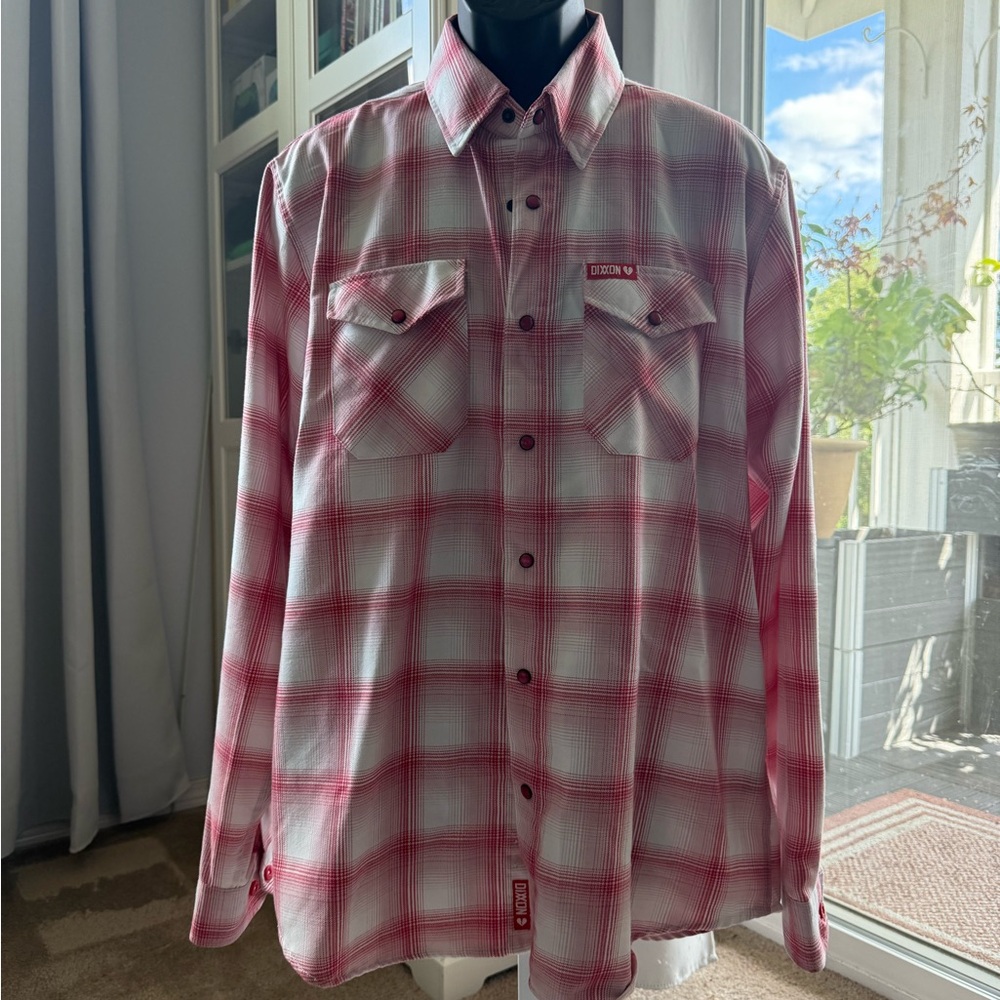 DIXXON Men's Heartbreaker Pink and White Plaid Shirt (L)